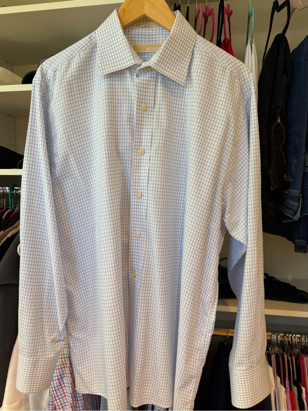 Michael Kors Men’s Blue and White Windowpane Dress Shirt